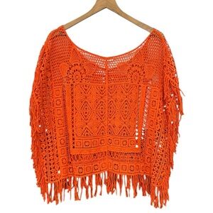 Free People Coral Georgia Crochet Boho Fringe Beach Poncho Top One Size